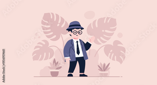 A pixelated man in a hat and suit waves hello, surrounded by stylized tropical leaves and potted plants