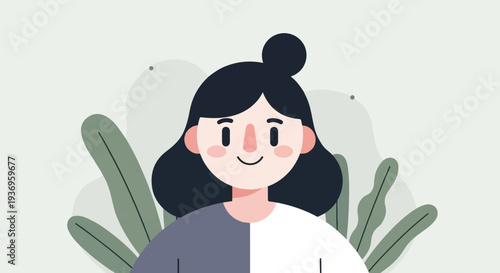 Flat cartoon illustration of a smiling girl with dark hair, rosy cheeks, wearing a split-color shirt, amid greenery