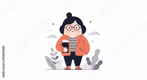 A chubby, illustrated person in glasses wears an orange jacket and striped shirt, holding pencils