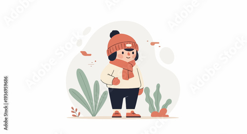A cheerful cartoon child in winter attire stands amidst abstract foliage and shapes