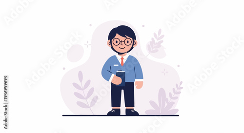 Cheerful cartoon man in glasses holding a tablet, with soft floral accents
