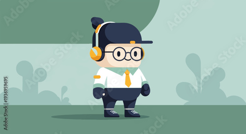 Cartoon character in cap and headphones wears a tie and shirt with a green background