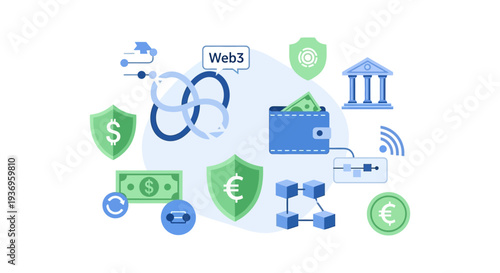 Web3 and DeFi Concept Illustration. Secure Digital Finance, Blockchain Technology, Wallet, Currency Security Shields, and Banking Integration.