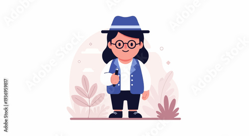 Stylized cartoon character in a blue hat and vest, holding a stylus, set against a soft pink background with leaves