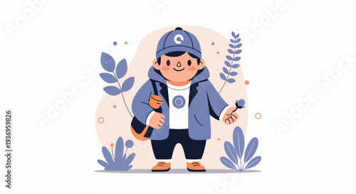 A cartoon child in a cap and jacket holds a flower, with plants around