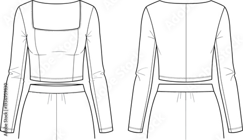 Women sleeveless square neck fitted top fashion technical drawing with wide straps and panel seams front and back view