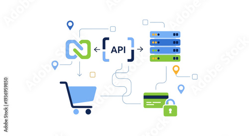 E-commerce Transaction API Integration Diagram. Secure Payment Processing, Server Backend, and Online Shopping Cart Flow.