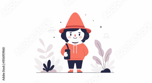 Cute cartoon figure in a wizard hat and orange hoodie with a bag, surrounded by stylized plants