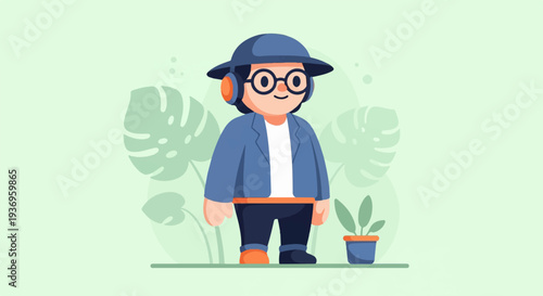 Animated character with headphones and hat stands near potted plant and large leaves