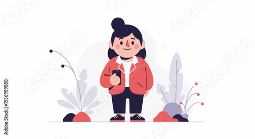 Stylized figure with dark hair in a bun, wearing a red jacket and dark pants, holding a smartphone
