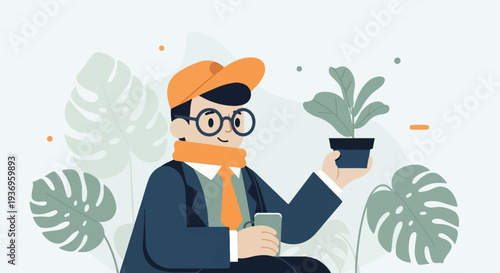 Man in suit with orange cap and scarf holding potted plant and mug