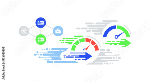 Performance Speed Gauge and Business Network Flow. Optimized Workflow Acceleration Concept Vector Illustration.