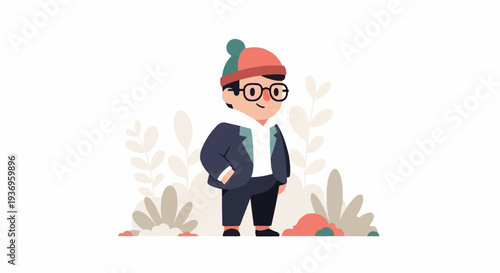 Cheerful cartoon character wearing a suit and beanie, standing outdoors amongst abstract foliage