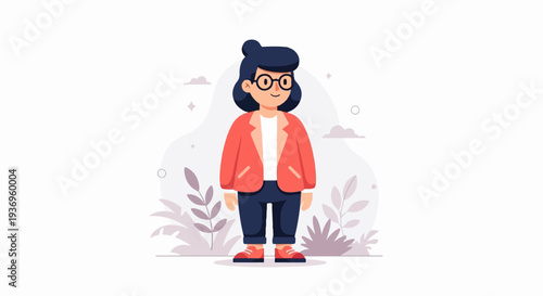 A woman with dark hair and glasses wearing a coral jacket and dark pants stands in a minimalist scene