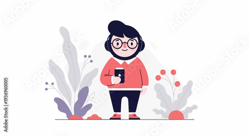 Stylized person with headphones and phone, surrounded by abstract plants