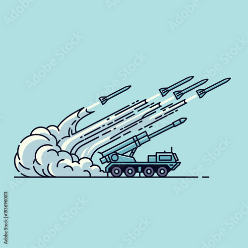Military Missile Launcher Firing Rockets Illustration.