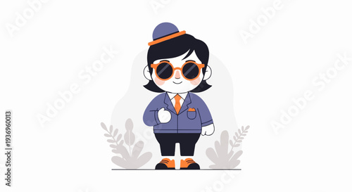 Stylized cartoon figure in a suit, hat, and sunglasses, with plants