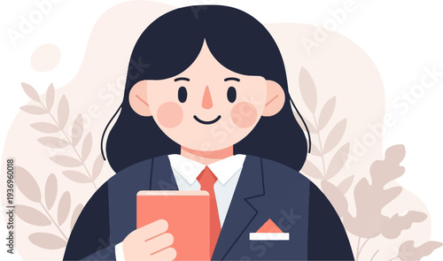 Flat illustration of a smiling woman in a suit holding a book with plants in background