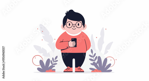Cheerful character with glasses holds phone amid abstract foliage