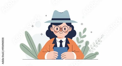 Stylized illustration of a person wearing a hat and glasses, holding a tablet