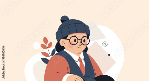 Cheerful person wearing glasses and a winter hat, surrounded by abstract shapes and plants