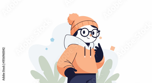 Whimsical character in winter attire with playful gesture, framed by abstract natural elements