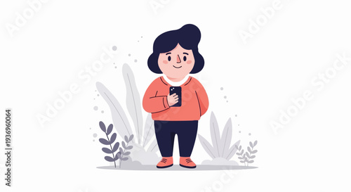 A person in a coral sweater and navy pants holds a phone, surrounded by stylized plants