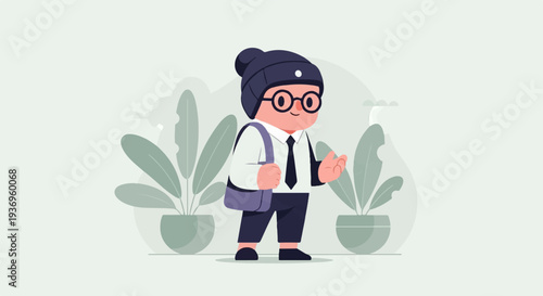A cartoon character in a beanie, glasses, shirt, tie, and pants carries a satchel