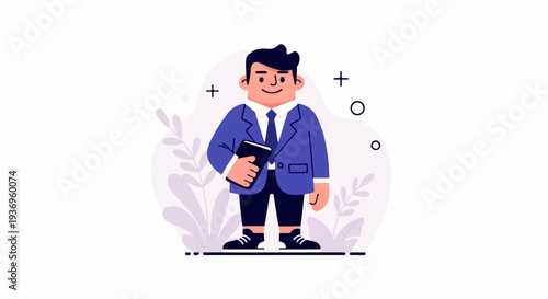 A cartoon man in a blue suit, holding a black book, with abstract plant elements
