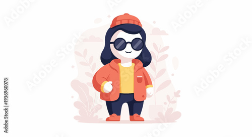 Cartoon character in casual attire, sunglasses, and a beanie, with botanical elements