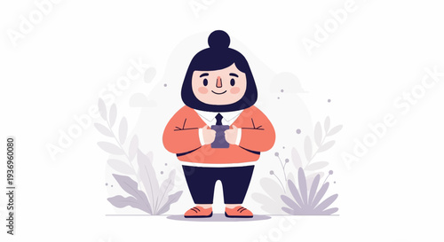 A cartoon person with dark hair and a bun, wearing an orange sweater and blue pants, uses a mobile phone