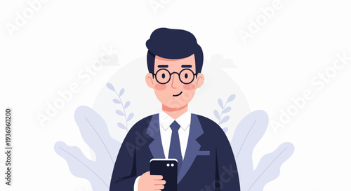 A man in a suit wearing glasses smiles while holding a phone, with decorative leaves and clouds in the background