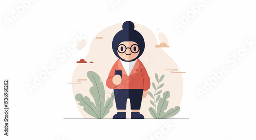 Flat illustration of a person in a hijab and glasses holding a smartphone, surrounded by stylized plants
