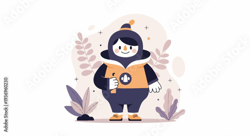 A plump, cartoon figure in dark blue and orange winter attire holds a yellow bottle, surrounded by abstract leaf shapes