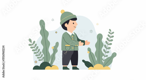 A boy in winter attire smiles with open arms amidst whimsical flora