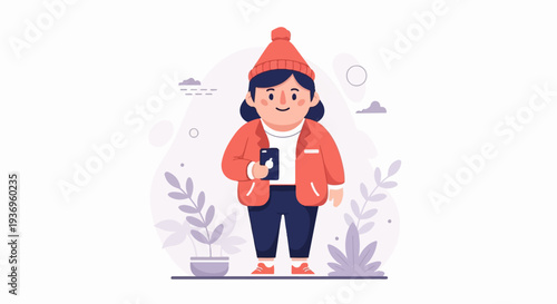 Cheerful person in warm attire holding a phone, surrounded by minimalist plants and abstract shapes