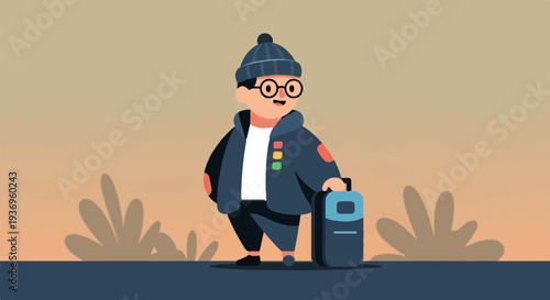 A character with a beanie and glasses stands with a suitcase