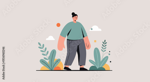 Minimalist illustration of a person walking amidst stylized plants and abstract shapes
