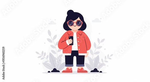 Stylized cartoon character in coral jacket and sunglasses holds phone