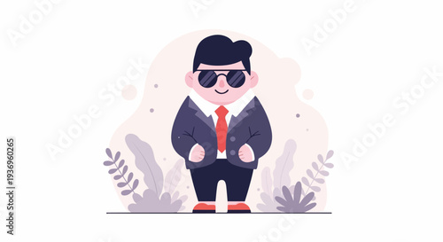 Cartoon man in a dark suit, red tie, and sunglasses