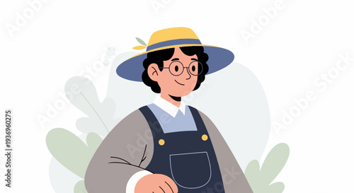 Cheerful person in a straw hat and overalls, surrounded by foliage