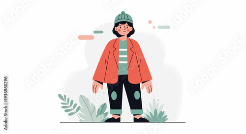 Stylized illustration of a person in casual clothes, standing amidst abstract foliage and decorative elements