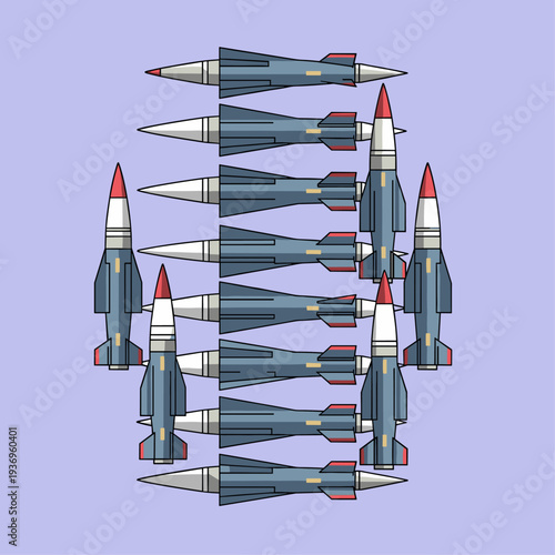 Multiple Missiles with Red Tips and Fins.