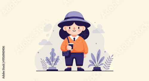 Cute character in hat with drink and plants on a light background