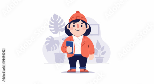 A character with a book, wearing a hat, jacket, and pants, stands near potted plants