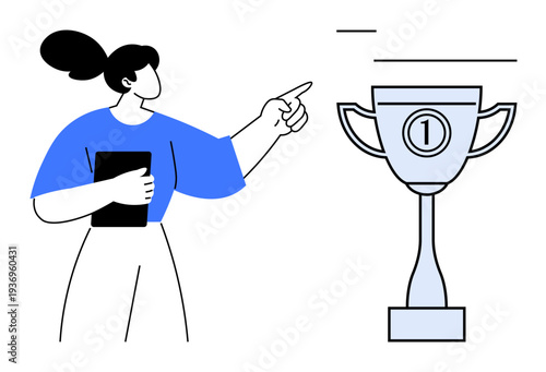 Achievement concept. Woman highlights success by pointing to a trophy achievement. Achievement in personal goals, competition, recognition, milestones, and teamwork inspiration