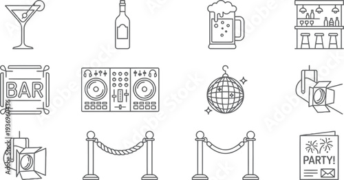 Vector icon set of nightlife and bar elements including drinks, dj equipment, and disco ball.