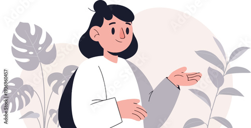 A woman with dark hair pulled up, wearing a white shirt and grey jacket, gesturing with her hands near stylized plants