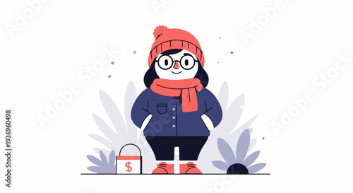 Cartoon character in winter attire, holding hands in pockets