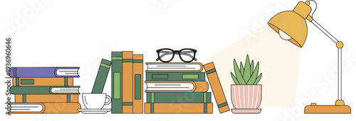 Flat line art set of colorful books glasses coffee cup and desk lamp representing academic research and reading hobby.